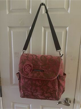 Petunia Pickle Bottom Pink Floral Jacquard Messenger Diaper Bag with Black Strap